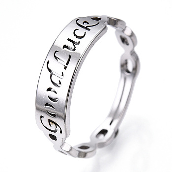 304 Stainless Steel Word Good Luck Adjustable Ring for Women, Stainless Steel Color, US Size 6 1/2(16.9mm)