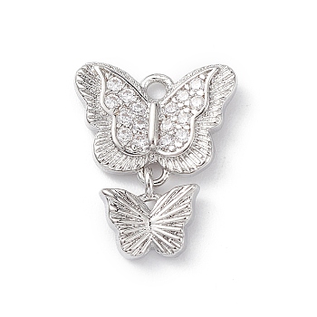 Rack Plating Brass Micro Pave Clear Cubic Zirconia Charms, Double Butterfly Charms, Long-Lasting Plated, Cadmium Free & Lead Free, Platinum, 15x12.5x2.5mm, Hole: 1.4mm