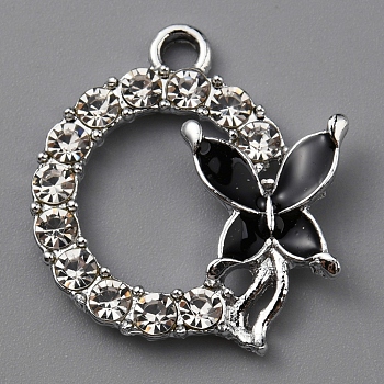 Alloy Enamel Pendants, with Rhinestone, Flat Round with Butterfly Charm, Platinum, Black, 22x20x3mm, Hole: 2mm