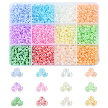 144G 12 Colors 6/0 Imitation Jade Glass Seed Beads, Luster, Dyed, Round, Mixed Color, 4x3mm, Hole: 1.2mm, 12g/color