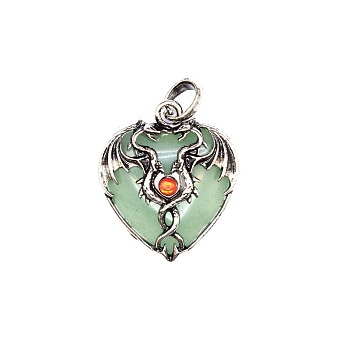Natural Green Aventurine Pendants, Heart Charms with Antique Silver Plated Metal Dragon, 37x32x9mm