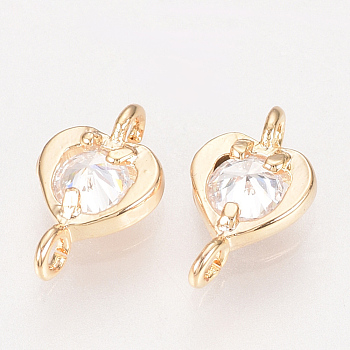 Brass Cubic Zirconia Links, Heart, Clear, Nickel Free, Real 18K Gold Plated, 9x5x2mm, Hole: 1mm