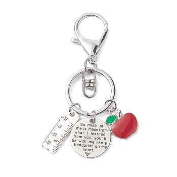 Red Apple Ruler Alloy Charm Keychain, Flat Round with Word Keychain for Teacher's Day Gifts, Red, 9.6cm