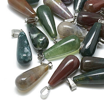 Natural Indian Agate Pendants, with Stainless Steel Snap On Bails, teardrop, 28~30x10~12mm, Hole: 6x4mm