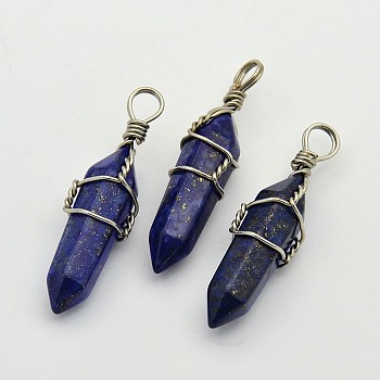 Faceted Bullet Platinum Plated Brass Gemstone Double Terminated Pointed Pendants, Lapis Lazuli, 38~42x8~9mm, Hole: 3~6mm
