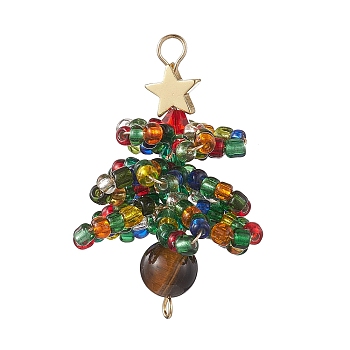 Natural Tiger Eye & Glass Seed Beaded Connector Charms, Christmas Tree Links with Golden Tone Brass Star, Colorful, 41x27x22mm, Hole: 2~3mm