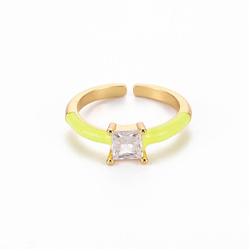 Brass Enamel Cuff Rings, Open Rings, Solitaire Rings, with Clear Cubic Zirconia, Nickel Free, Square, Golden, Yellow, US Size 7(17.3mm)