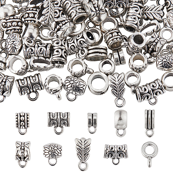 100Pcs 10 Style Tibetan Style Alloy Tube Bails, Loop Bails, Flower & Tube & Rondelle, Antique Silver, 6.5~11.5x6~11x2~8mm, Hole: 1.5~2mm, Inner Diameter: 3~5mm, 10Pcs/style