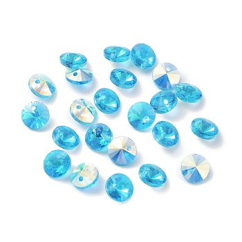 Electroplate Transparent Glass Beads, Half Rainbown Plated, Faceted Bicone, Cyan, 8x4mm, Hole: 0.8mm