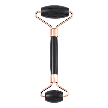 Natural Obsidian Massage Tools, Facial Rollers, with Brass Findings, Rose Gold, 13.5~15.3x4~6x2~2.05cm