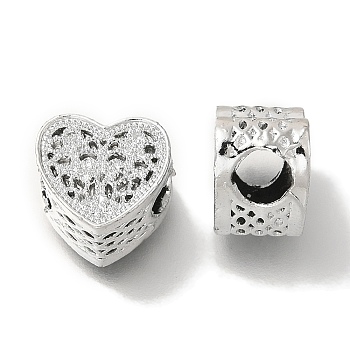 Rack Plating Alloy European Beads, Large Hole Beads, Lead Free & Cadmium Free, Heart, Platinum, 10x11x7.5mm, Hole: 4.5mm