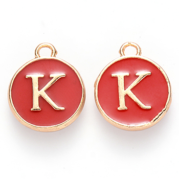 Golden Plated Alloy Enamel Charms, Cadmium Free & Lead Free, Enamelled Sequins, Flat Round with Letter, Red, Letter.K, 14x12x2mm, Hole: 1.5mm