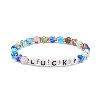 Word Lucky Bracelet, Colorful Millefiori Glass & Acrylic Letter Beaded Stretch Bracelet for Women, Letter Pattern, Inner Diameter: 2-1/8 inch(5.5cm)