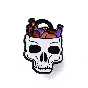 Halloween Theme Black Alloy Brooches, Enamel Pins, Skull, 22x16x1.5mm