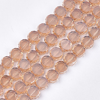 Electroplate Glass Beads Strands, Faceted, Flat Round, Dark Salmon, 8~8.5x3.5mm, Hole: 1mm, about 80pcs/strand, 24.8 inch