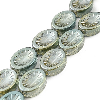 Electroplate Glass Beads Strands, Full Plated, Oval with Flower, Dark Sea Green, 14x10.4x4.8mm, Hole: 1.2mm, about 45pcs/strand, 25.04 inch(63.6cm)