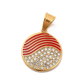 304 Stainless Steel Enamel Pendants, with Crystal Rhinestone, Flat Round Charms, Golden, Red, 24x21x2.5mm, Hole: 8x5mm
