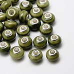 Handmade Porcelain European Beads, with Silver Color Brass Double Cores, Rondelle, Olive Drab, 15x10~11mm, Hole: 5mm(X-OPDL-G001-15)