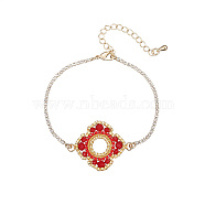 Glass Seed Beaded Flower Link Bracelet with Golden Stainless Steel Chains, Cerise, 6-3/4 inch(17cm)(EZ8902-3)