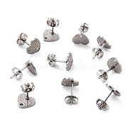 304 Stainless Steel Stud Earring Findings, with Ear Nuts, Textured Heart, Stainless Steel Color, 12x9mm, Hole: 1.4mm, Pin: 0.7mm(STAS-I183-08A-P)