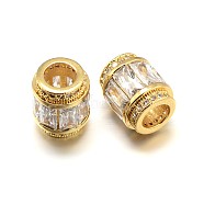 Column Brass Micro Pave Cubic Zirconia Large Hole Beads, Lead Free & Nickel Free & Cadmium Free, Clear, Real 18K Gold Plated, 12x10mm, Hole: 5.5mm(ZIRC-N017-20G-NR)