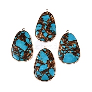 Assembled Bronzite and Synthetic Turquoise Big Pendants, with Light Gold Plated Brass Edge and Loop, Egg Stone, Deep Sky Blue, 51~52x30~31x5~6mm, Hole: 2mm(G-R481-05B)