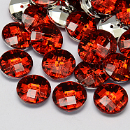 Taiwan Acrylic Rhinestone Buttons, Faceted, 2-Hole, Disc, Red, 15x5mm, Hole: 1mm(BUTT-F022-15mm-03)