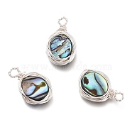 Natural Abalone Shell/Paua Shell Pendants, with Eco-Friendly Copper Wire Wrapped, Oval, Silver, 19.5x11x3.5mm, Hole: 2.3mm(PALLOY-JF00477-01)
