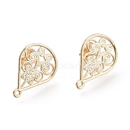 Brass Stud Earring Findings,  with Ear Nuts, Earring Backs, Teardrop with Leaf, Real 18K Gold Plated, 20.5x15x0.6mm, Hole: 1mm, Pin: 0.9mm(KK-M211-03G)