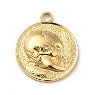 Ion Plating(IP) 201 Stainless Steel Pendants, Flat Round with Skull, Real 18K Gold Plated, 23.5x20x3mm, Hole: 2.5mm(STAS-H172-07G)