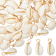 100Pcs Natural Cowrie Shell Dyed Pendants, with Brass Wire Loops, Shell Shape Charms, Golden, 22x11x8mm, Hole: 2.8mm(SHEL-BBC0001-11)