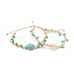 Natural Shell & Synthetic Turquoise Braided Bead Bracelets,Tortoise, Tortoise, Inner Diameter:  1-3/4~3 inch(4.5cm~7.5cm), Tortoise: 18x14.5mm, Bead: 4x4mm, Shell: 17x11mm(BJEW-Z075-01)