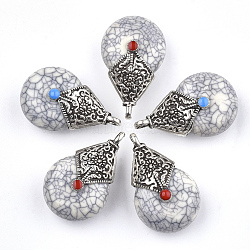 Resin Pendants, with Alloy & Enamel, teardrop, Antique Silver, WhiteSmoke, 37~38x23x16~17mm, Hole: 2~3mm(RESI-T022-15H)