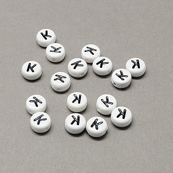 White and Black Acrylic Horizontal Hole Letter Beads, Flat Round with Letter.K, 7x4mm, Hole: 1.3mm, about 3600pcs/500g(SACR-Q101-01K)