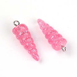 Resin Pendants, with Platinum Iron Peg Bail, Glitter Powder, Unicorn Horn, Pink, 29x10x9.5mm, Hole: 1.8mm(RESI-WH0014-45A)