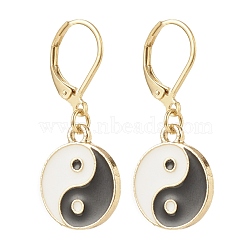 Flat Round with Yin Yang Alloy Enamel Dangle Leverback Earrings, Brass Jewelry for Women, Golden, Black, 33mm, Pin: 0.7x0.9mm(EJEW-JE04893-03)