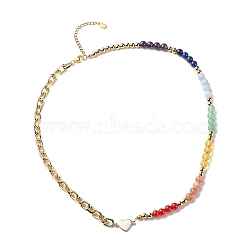 Natural Mixed Gemstone Beaded Necklace with Enamel Heart, Chakra Yoga Theme Jewelry for Women, Golden, 20.67 inch(52.5cm)(NJEW-JN04085)