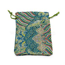 Silk Pouches, Drawstring Bag, Rectangle with Wave Pattern, Teal, 14.2x10x0.4cm(ABAG-WH0032-07E)