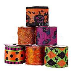 Polyester Ribbon, Single Face Halloween Paragraph Pattern, for Gift Wrapping, Floral Bows Crafts Decoration, Mixed Color, 2-1/2 inch(63mm), 6yard/roll, 6 rolls/set(OCOR-SZC0001-01)