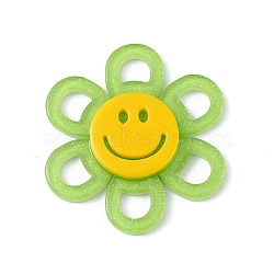 Acrylic Cabochons, with Glitter Powder, Flower with Smiling Face, Lawn Green, 37x4.5mm(MACR-C015-02G)