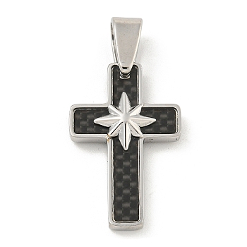 304 Stainless Steel Pendants, with Carbon Fiber, Cross with Star Charm, Stainless Steel Color, 26x17x4mm, Hole: 6.5x4mm