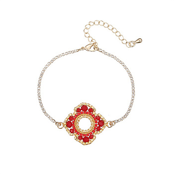 Glass Seed Beaded Flower Link Bracelet with Golden Stainless Steel Chains, Cerise, 6-3/4 inch(17cm)