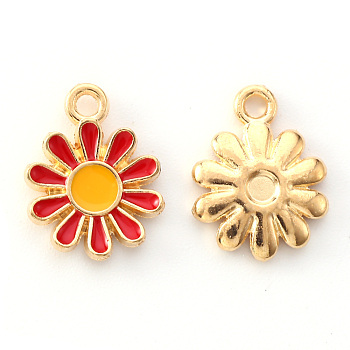 Alloy Enamel Charms, Flower, Light Gold, Red, 14x12x2mm, Hole: 1.6mm
