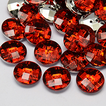 Taiwan Acrylic Rhinestone Buttons, Faceted, 2-Hole, Disc, Red, 15x5mm, Hole: 1mm