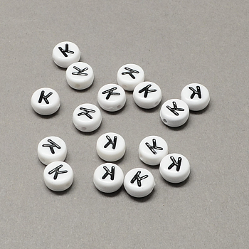 White and Black Acrylic Horizontal Hole Letter Beads, Flat Round with Letter.K, 7x4mm, Hole: 1.3mm, about 3600pcs/500g