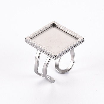 201 Stainless Steel Cuff Pad Ring Settings, Laser Cut, Square, Stainless Steel Color, Tray: 16x16mm, US Size 7 1/4(17.5)~US Size 8(18mm)