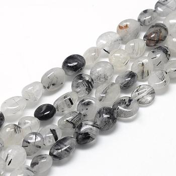 Natural Black Rutilated Quartz Beads Strands, Oval, 8~15x7~12x4~12mm, Hole: 1mm, about 30~45pcs/strand, 15.7 inch
