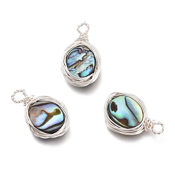 Natural Abalone Shell/Paua Shell Pendants, with Eco-Friendly Copper Wire Wrapped, Oval, Silver, 19.5x11x3.5mm, Hole: 2.3mm