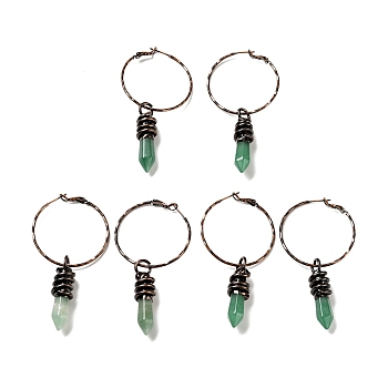 Natural Green Aventurine Bullet Dangle Hoop Earrings, Brass Jewelry for Women, Red Copper, Cadmium Free & Lead Free, 80~81mm, Pin: 0.7mm