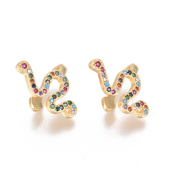 Golden Plated Brass Micro Pave Cubic Zirconia Cuff Earrings, Long-Lasting Plated, Snake, Colorful, 19x14x8mm